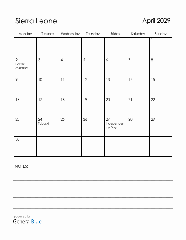 April 2029 Sierra Leone Calendar with Holidays (Monday Start)
