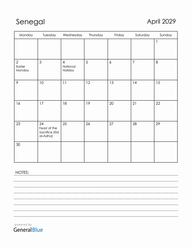 April 2029 Senegal Calendar with Holidays (Monday Start)