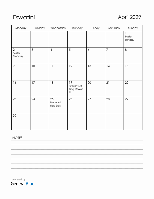 April 2029 Eswatini Calendar with Holidays (Monday Start)