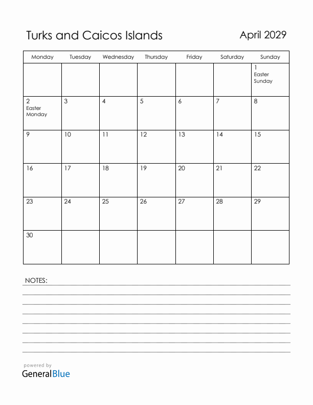 April 2029 Turks and Caicos Islands Calendar with Holidays (Monday Start)