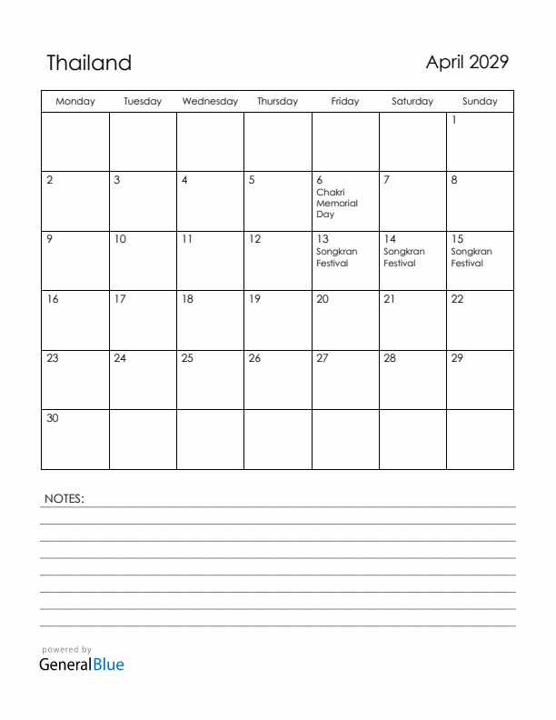 April 2029 Thailand Calendar with Holidays (Monday Start)