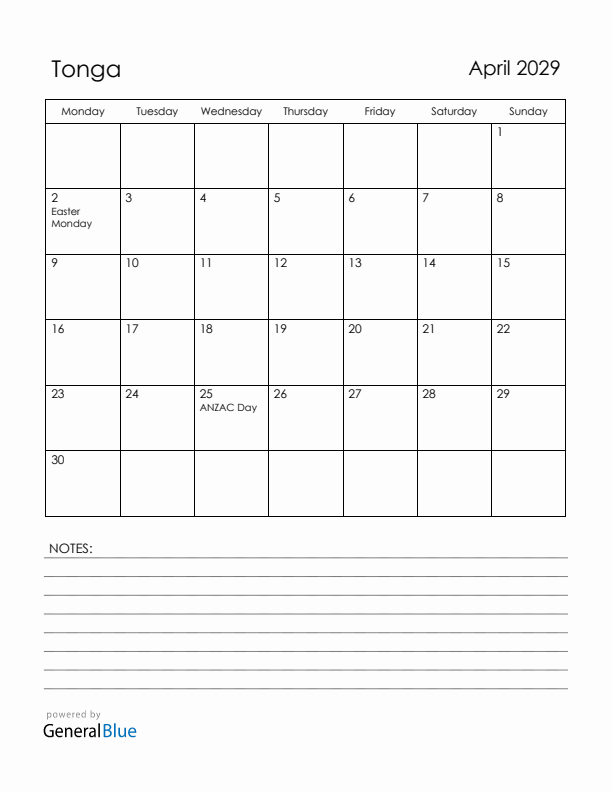 April 2029 Tonga Calendar with Holidays (Monday Start)