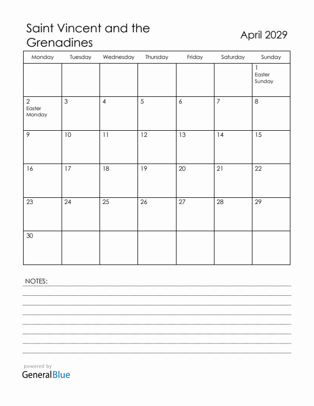 April 2029 Saint Vincent and the Grenadines Calendar with Holidays (Monday Start)
