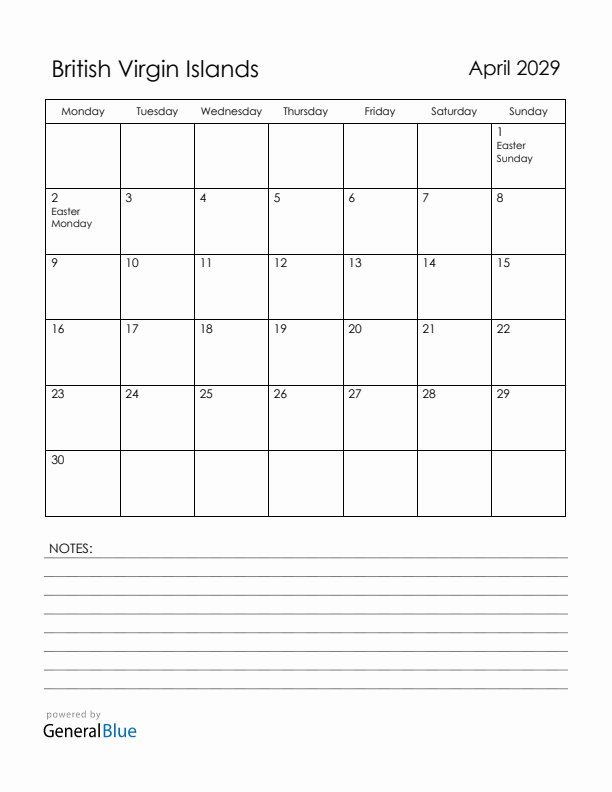 April 2029 British Virgin Islands Calendar with Holidays (Monday Start)