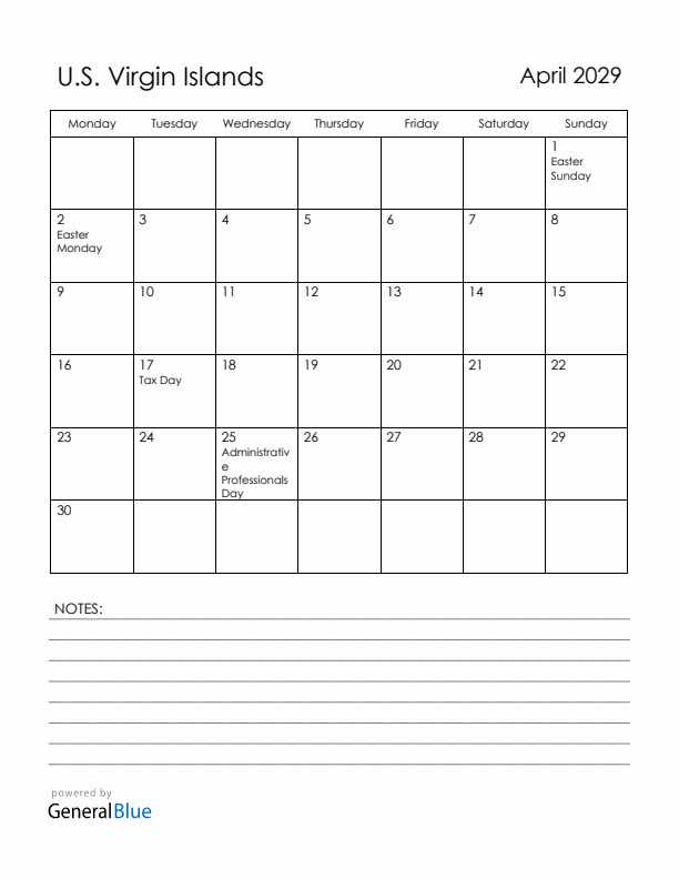 April 2029 U.S. Virgin Islands Calendar with Holidays (Monday Start)