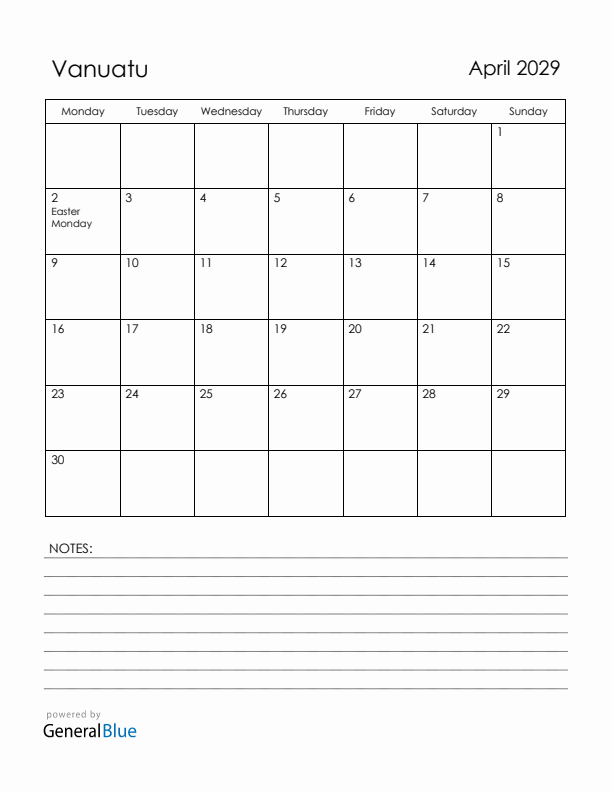 April 2029 Vanuatu Calendar with Holidays (Monday Start)