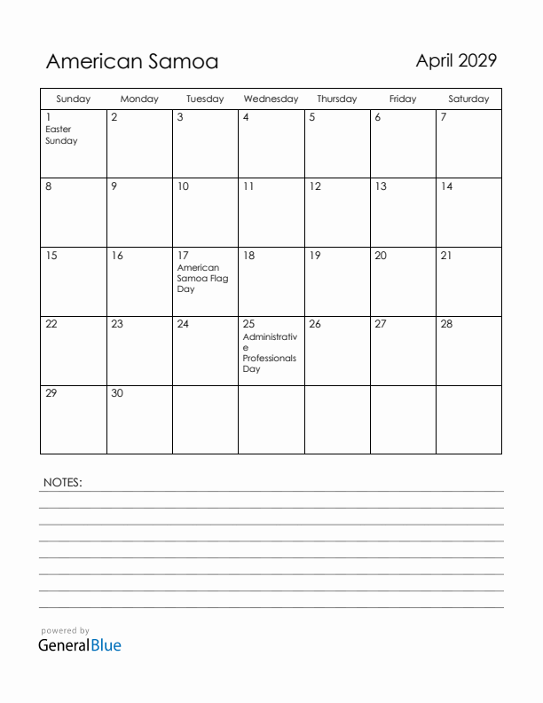 April 2029 American Samoa Calendar with Holidays (Sunday Start)
