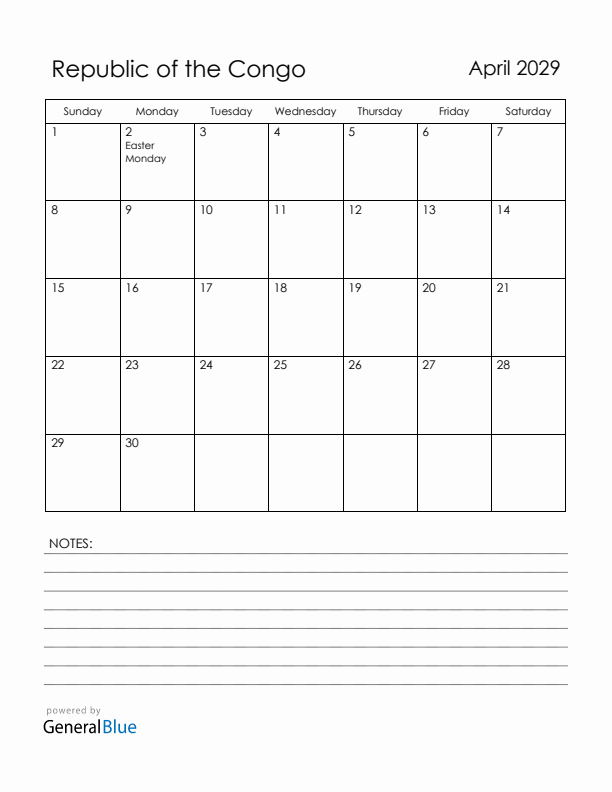 April 2029 Republic of the Congo Calendar with Holidays (Sunday Start)