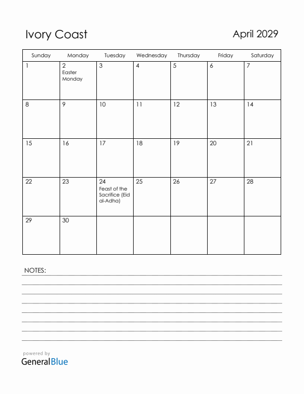 April 2029 Ivory Coast Calendar with Holidays (Sunday Start)