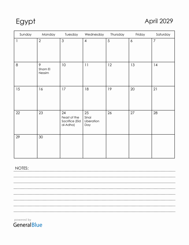 April 2029 Egypt Calendar with Holidays (Sunday Start)