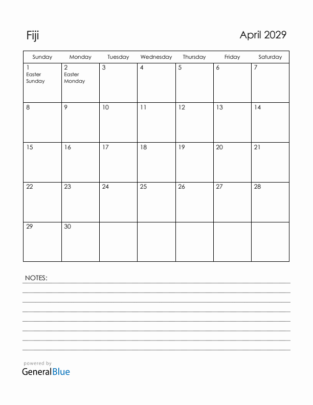 April 2029 Fiji Calendar with Holidays (Sunday Start)