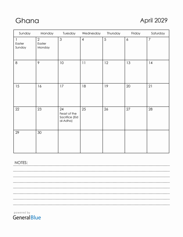 April 2029 Ghana Calendar with Holidays (Sunday Start)