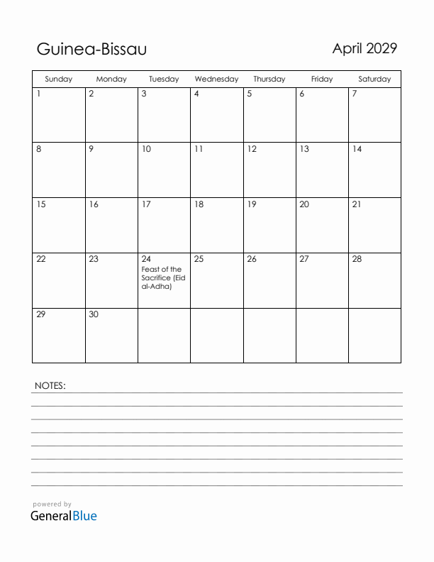 April 2029 Guinea-Bissau Calendar with Holidays (Sunday Start)