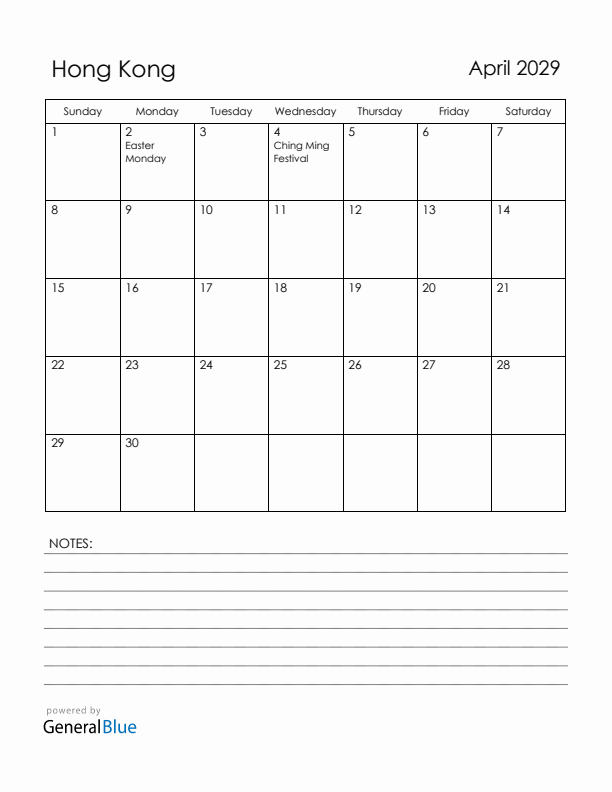April 2029 Hong Kong Calendar with Holidays (Sunday Start)