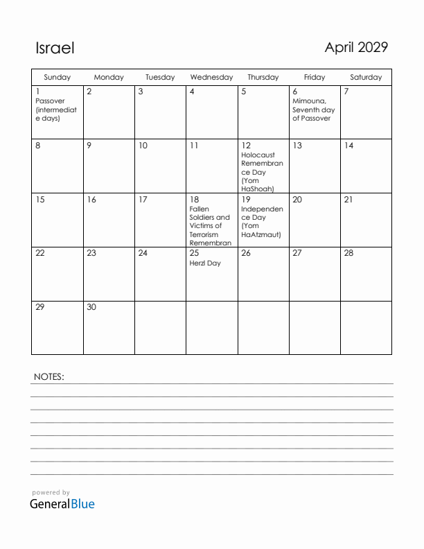 April 2029 Israel Calendar with Holidays (Sunday Start)