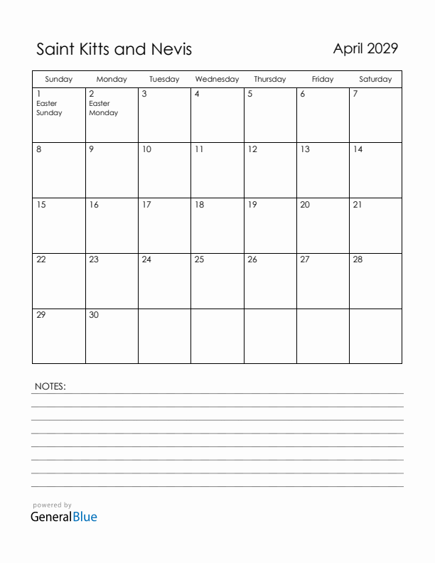 April 2029 Saint Kitts and Nevis Calendar with Holidays (Sunday Start)