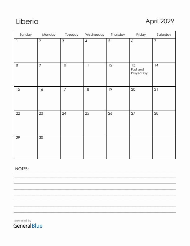 April 2029 Liberia Calendar with Holidays (Sunday Start)