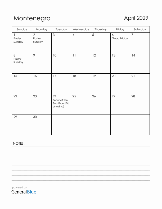 April 2029 Montenegro Calendar with Holidays (Sunday Start)