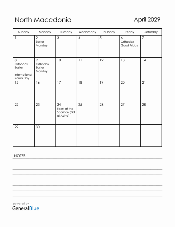April 2029 North Macedonia Calendar with Holidays (Sunday Start)