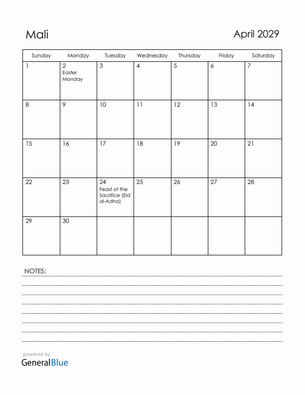 April 2029 Mali Calendar with Holidays (Sunday Start)