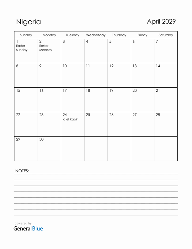April 2029 Nigeria Calendar with Holidays (Sunday Start)