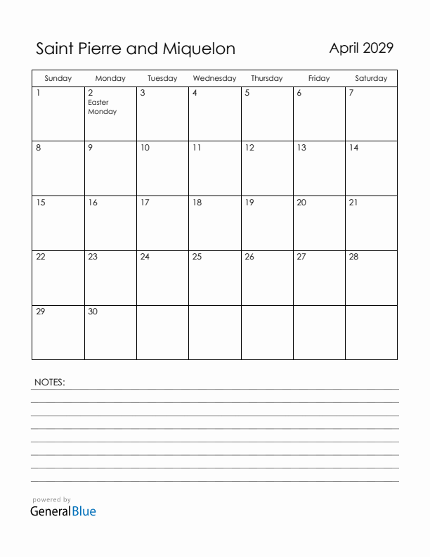 April 2029 Saint Pierre and Miquelon Calendar with Holidays (Sunday Start)