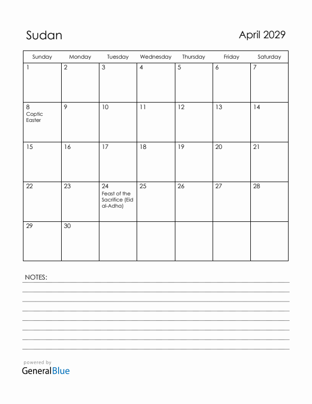 April 2029 Sudan Calendar with Holidays (Sunday Start)
