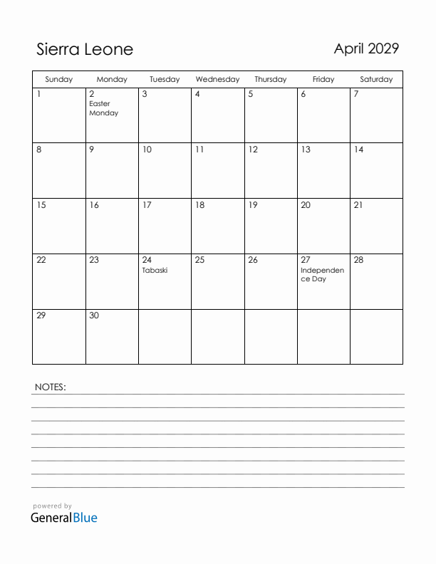 April 2029 Sierra Leone Calendar with Holidays (Sunday Start)