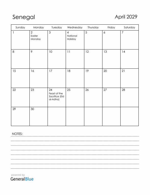 April 2029 Senegal Calendar with Holidays (Sunday Start)