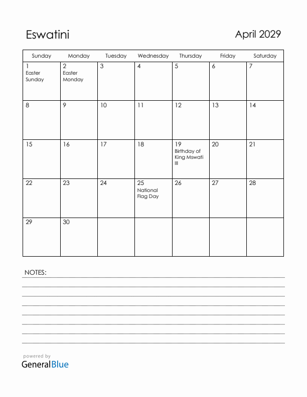 April 2029 Eswatini Calendar with Holidays (Sunday Start)