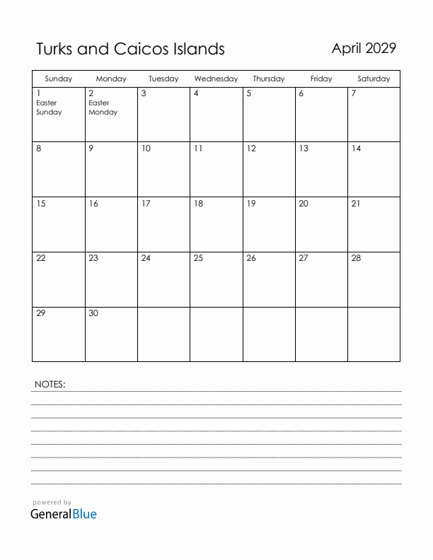 April 2029 Turks and Caicos Islands Calendar with Holidays (Sunday Start)