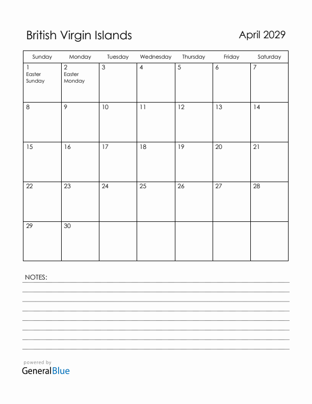 April 2029 British Virgin Islands Calendar with Holidays (Sunday Start)