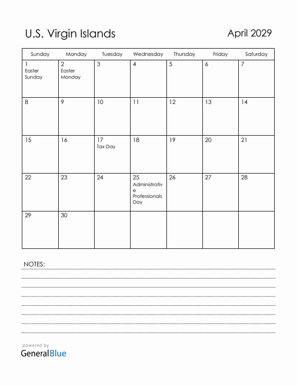 April 2029 U.S. Virgin Islands Calendar with Holidays (Sunday Start)