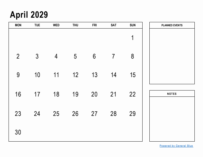 April 2029 Calendar Planner