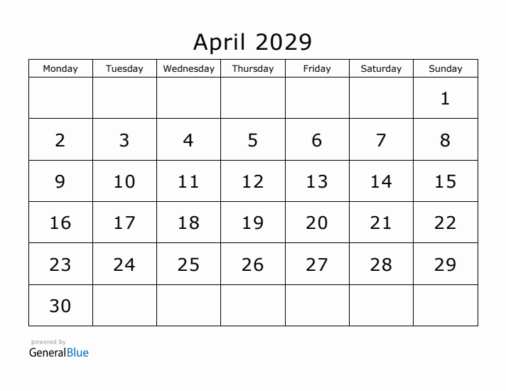 Printable April 2029 Calendar - Monday Start