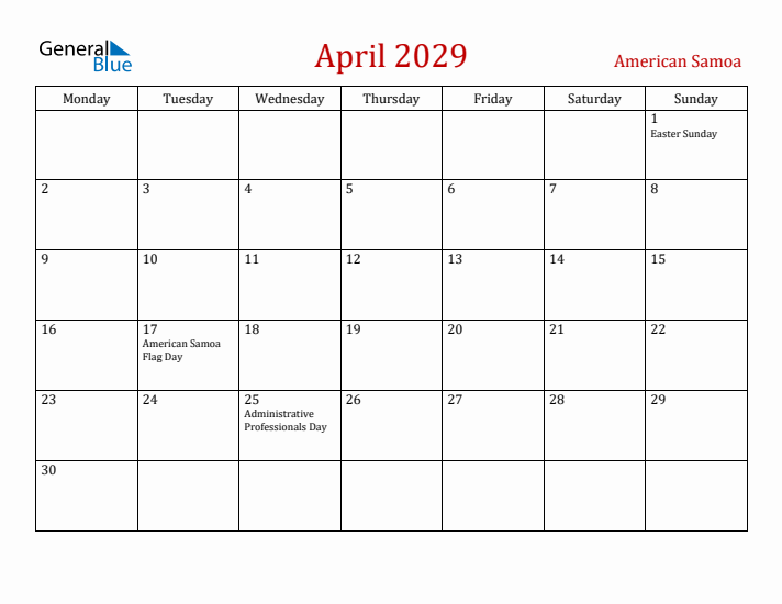 American Samoa April 2029 Calendar - Monday Start