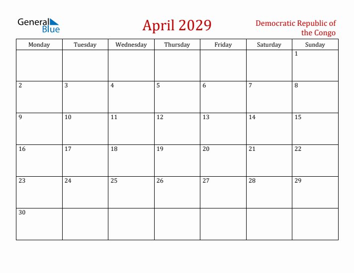 Democratic Republic of the Congo April 2029 Calendar - Monday Start