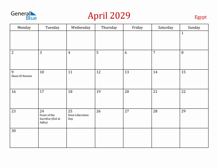 Egypt April 2029 Calendar - Monday Start