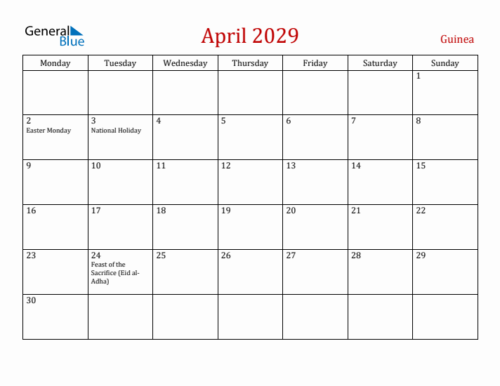 Guinea April 2029 Calendar - Monday Start
