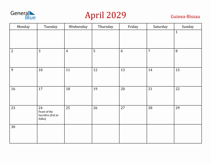 Guinea-Bissau April 2029 Calendar - Monday Start