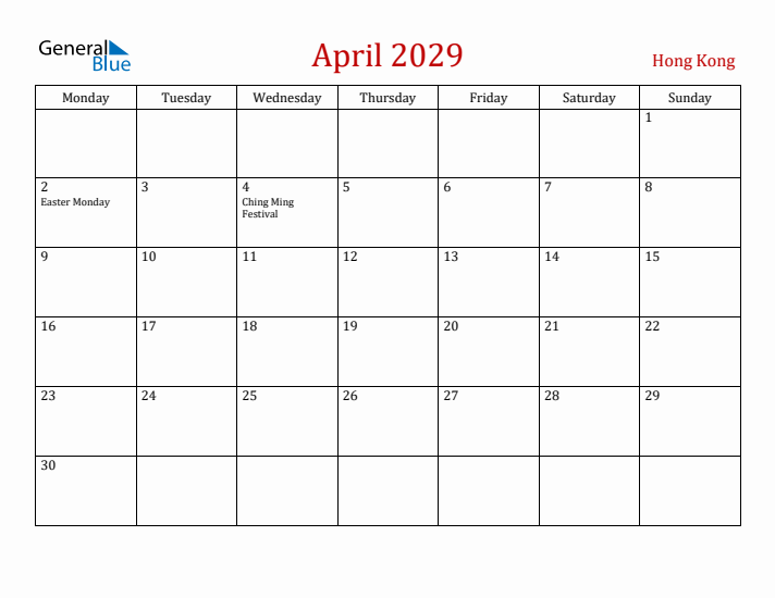 Hong Kong April 2029 Calendar - Monday Start
