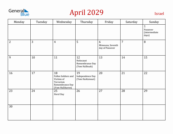 Israel April 2029 Calendar - Monday Start