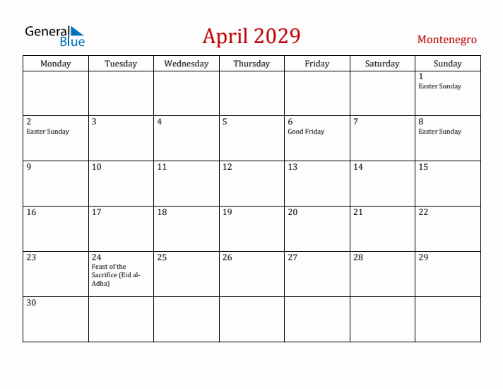 Montenegro April 2029 Calendar - Monday Start