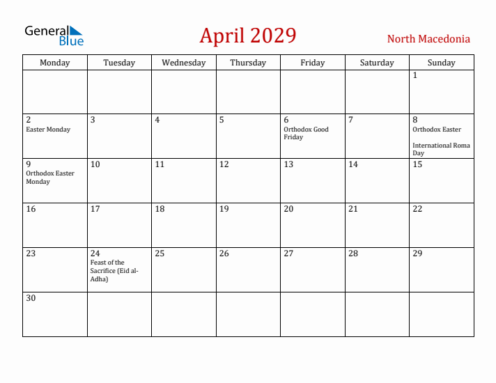 North Macedonia April 2029 Calendar - Monday Start