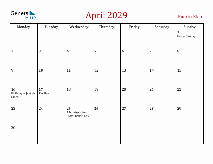 Puerto Rico April 2029 Calendar - Monday Start