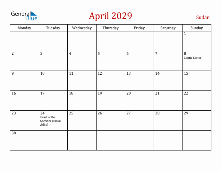 Sudan April 2029 Calendar - Monday Start