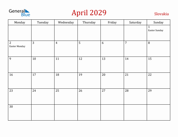 Slovakia April 2029 Calendar - Monday Start