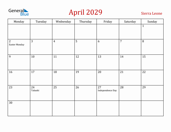 Sierra Leone April 2029 Calendar - Monday Start