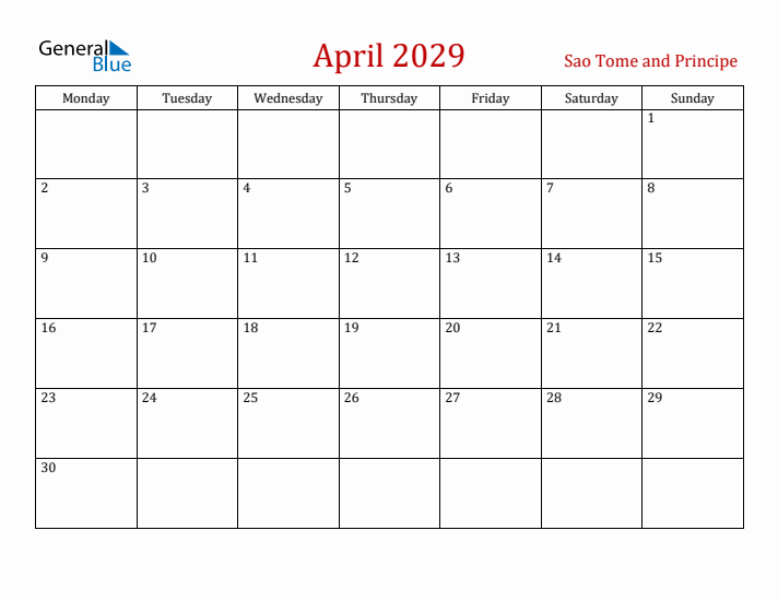 Sao Tome and Principe April 2029 Calendar - Monday Start