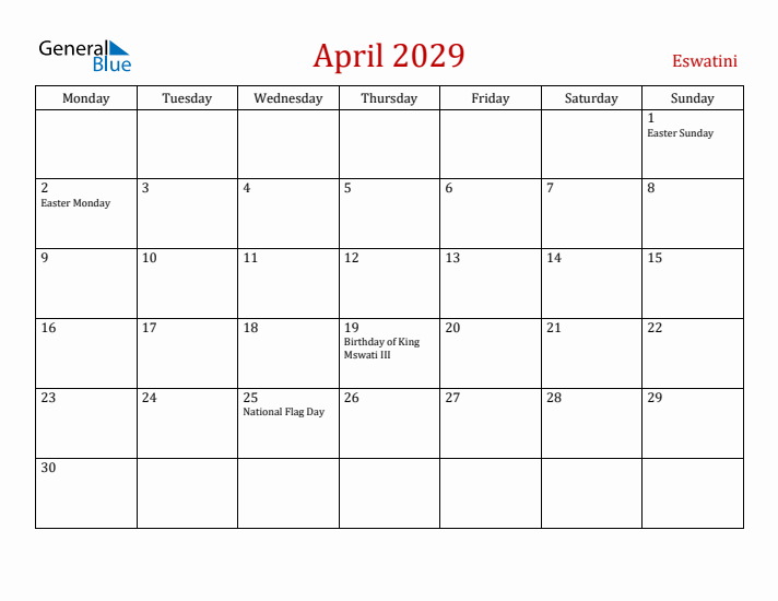 Eswatini April 2029 Calendar - Monday Start